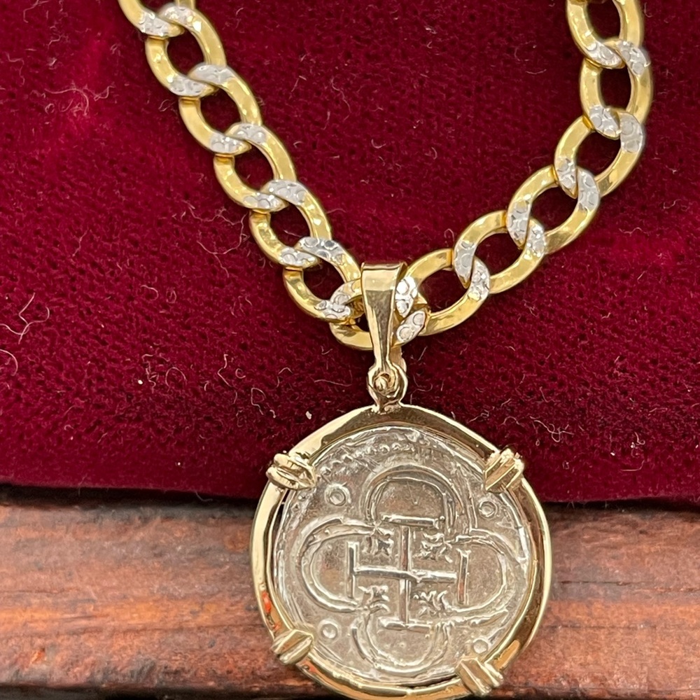Atocha Shipwreck Coin Pendant In 14k Gold Bezel With 10k Two Tone Chain 16” Long